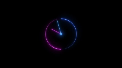 Neon clock icon, futuristic clock design on Black background.