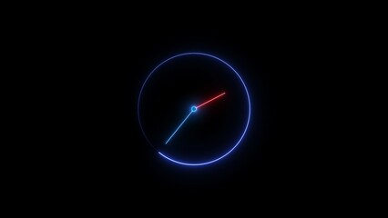 Neon clock icon, futuristic clock design on Black background.