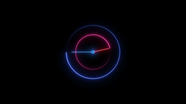 Neon clock icon, futuristic clock design on Black background.