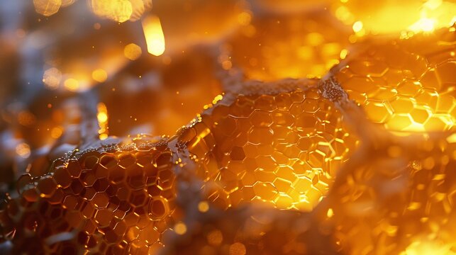 Futuristic honeycomb structure made of glistening caramelized sugar glowing under soft light