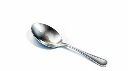 A metallic spoon lies diagonally on a white surface, reflecting light