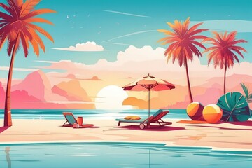 Tropical Summer Beach Illustration with Coconut Drink, Palm Trees, and Sunset

