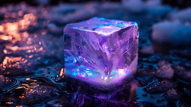 Futuristic ice cube infused with bioluminescent micro organisms glowing softly