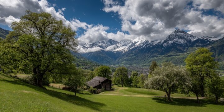Alpine valley with snow-capped peaks, lush green fields and trees