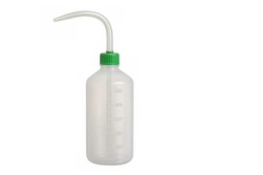 Close-up of a wash bottle featuring a curved spout and graduated scale, set against a transparent background, ideal for laboratory or educational use