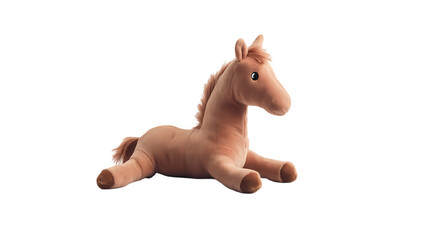 A stuffed animal horse lying down with a light brown color  in a studio shot isolated on transparent background