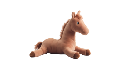 A stuffed animal horse lying down with a light brown color  in a studio shot isolated on transparent background