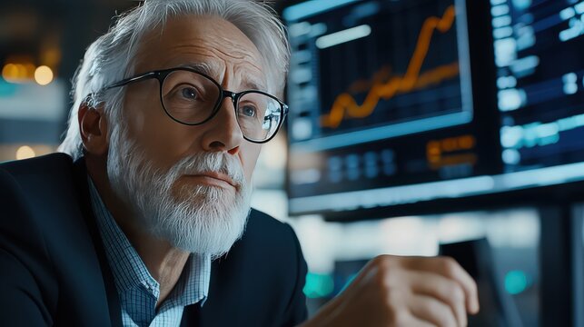 Senior man with glasses looking at stock market data on computer screens with a thoughtful expression