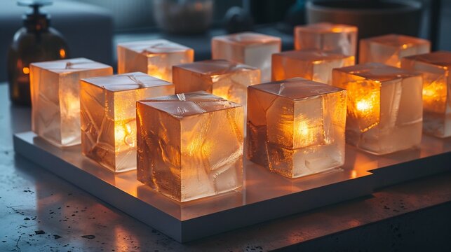Futuristic meal in the form of glowing cubes arranged in a geometric sci fi inspired pattern