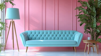 Interior design showcasing a light teal sofa against a pink wall.