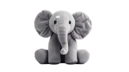 A plush gray elephant with large ears sitting upright  a stark black studio background center frame isolated on transparent background