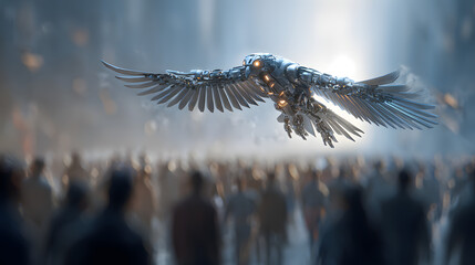 Mechanical Bird Soaring Above a Crowd Futuristic Digital Art