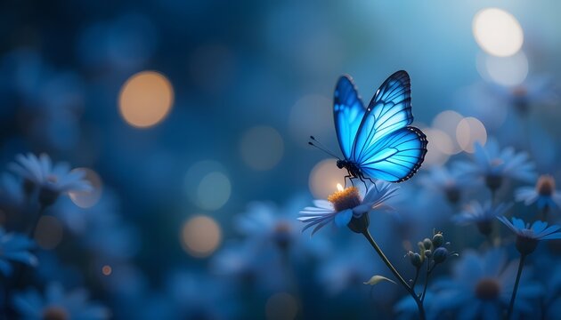 Blue aesthetic wallpaper with a glowing blue butterfly fluttering over dreamy blurred flowers