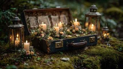 Enchanted Forest Wedding Decor Candles, Flowers, and Vintage Suitcase