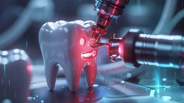 Futuristic nanobot repairing a tiny cavity inside a tooth high tech sci fi concept background