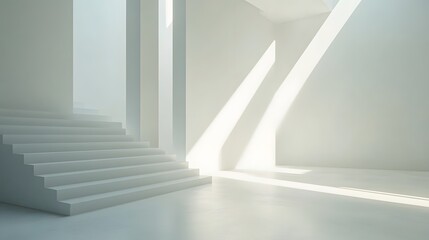 Obraz premium Sunlight streams into a minimalist interior featuring white stairs.