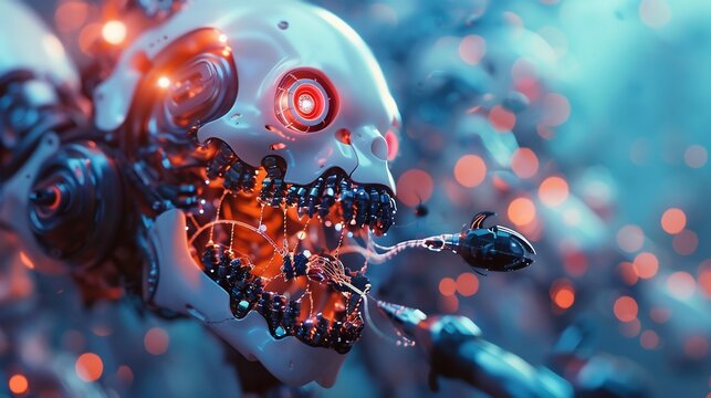 Futuristic nanobot repairing microscopic enamel cracks on a tooth surface high tech sci fi background