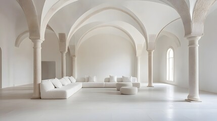 A spacious, minimalist living area with a long sofa.