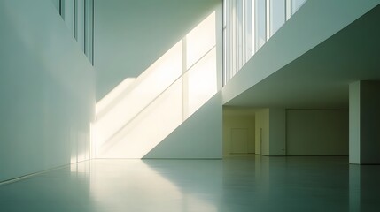 Obraz premium Sunlight streams through large windows in a minimalist interior space.