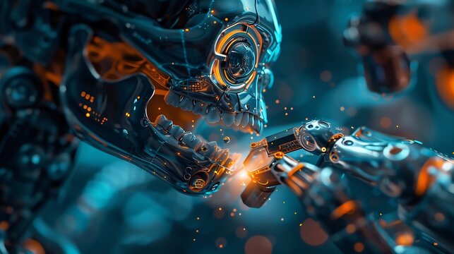 Futuristic nanobot repairing microscopic enamel cracks on a tooth surface high tech sci fi background
