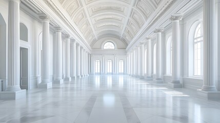 Grand, white colonnaded hall with arched windows.