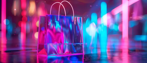 Shiny holographic shopping bag on futuristic neon background, fashion and technology concept. AI generated
