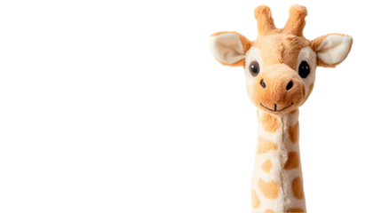 A plush giraffe with a long neck and soft fur standing   in a close up shot isolated on transparent background