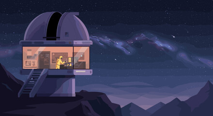 A high-tech telescope in space pointed toward the stars. The image suggests a theme of astronomical discovery, observation, and space exploration.
