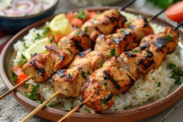 Delicious Lebanese Shish Taouk served with rice and fresh vegetables for a perfect meal experience