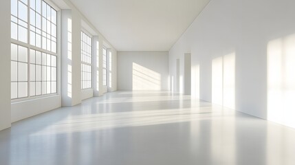Fototapeta premium Empty, sunlit interior with large windows.