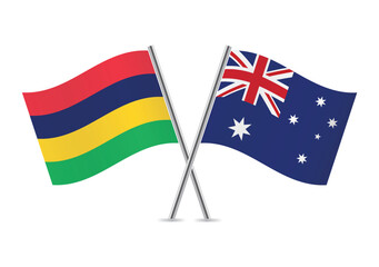Mauritius and Australia crossed flags. Mauritian and Australian flags on a white background. Vector icon set. Vector illustration.