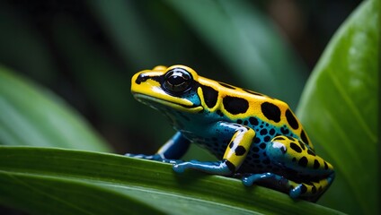 A vibrant green and turquoise poison dart frog with black spots, sitting on a broad, smooth green tropical leaf