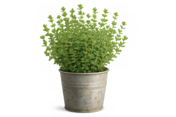 Fresh oregano growing in a metal pot, isolated on a transparent background, perfect for compositions