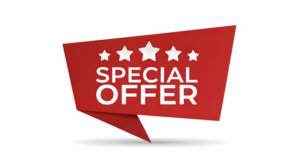 A red speech bubble with the words special offer and five stars in white on a white background
