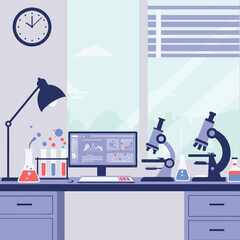 A clean and modern laboratory with scientific equipment, including test tubes, a microscope, and a computer. It illustrates a research environment dedicated to experiments and data analysis.