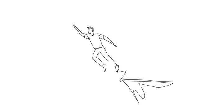 Animated self drawing of continuous one line drawing man jumps off a cliff trying to reach a big hand holding dollar bill. National Senior Fraud Awareness Day. Full length single line animation