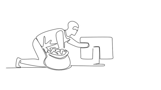 Animation of single one line drawing a man typing and thief putting the hand into monitor. Weak password. National Senior Fraud Awareness Day. Continuous line self drawing animated. Full length motion