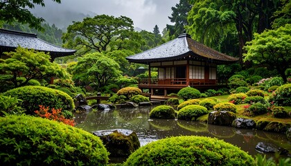 Obraz premium Lush Japanese garden, rain