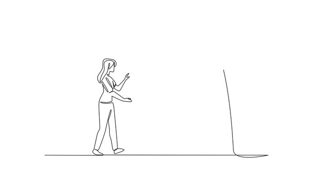 Animation of continuous one line drawing a woman chasing a hook with a dollar coin attached to it. Stuck. National Senior Fraud Awareness Day. Single line self drawing animated. Full length motion - Powered by Adobe