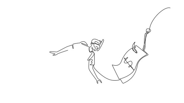 Animation of single continuous line drawing man swimming diving and chasing a hook with dollar bills attached. National Senior Fraud Awareness Day. One line self drawing animated. Full length motion