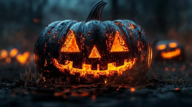 Eerily glowing halloween pumpkins casting a spooky luminescence in twilight