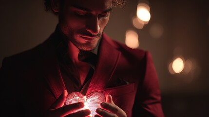 A man in a red suit holds a glowing heart-shaped object near his chest in warm, romantic lighting. Generated AI.