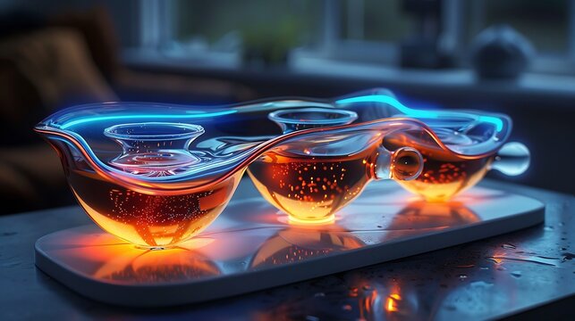 Futuristic tea set with levitating cups and glowing liquid suspended in the air