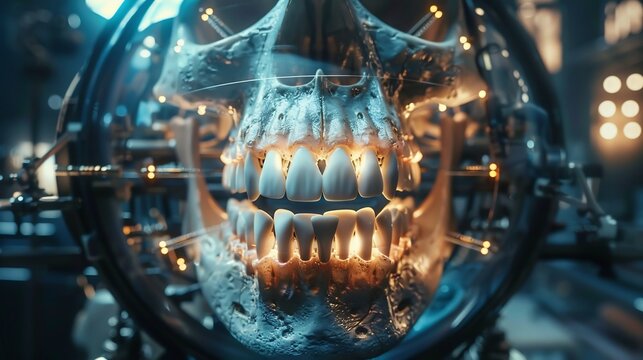 Futuristic time machine displaying the evolution of human teeth from prehistoric times to the future sci fi historical setting