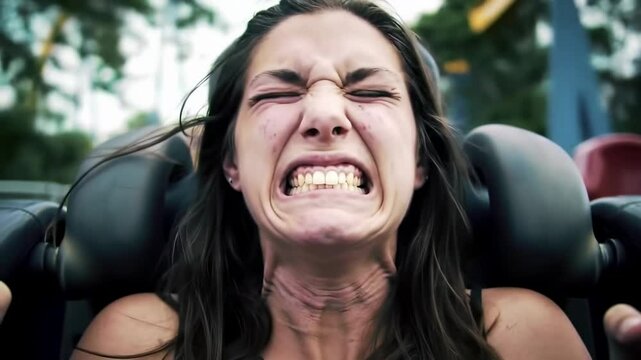 Womans intense facial expression of fear or excitement outdoors