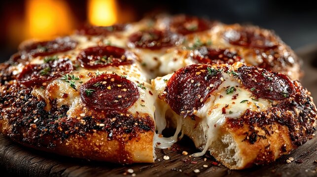 Golden-brown crispy crust bread with melted cheese, vibrant red pepperoni slices, and fresh green herbs on rustic wooden surface, showcasing warm tones and textures against a dark background for a ric