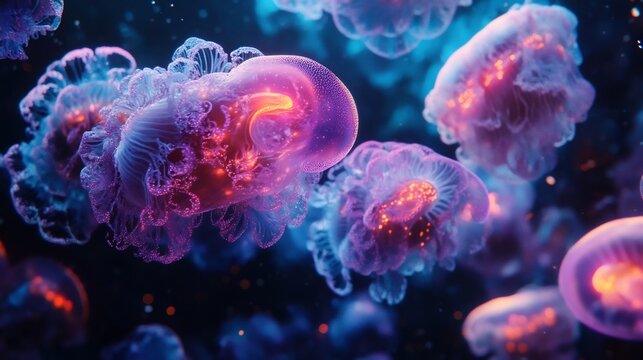 Futuristic view of deep sea exploration glowing alien like creatures drifting through the abyss otherworldly marine life spectacle