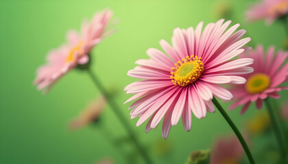 Obraz premium Pink Daisy Flowers Blooming on Green Background