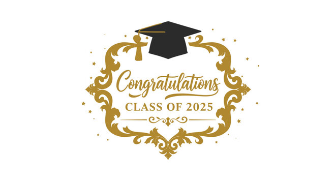 Elegant congratulatory design for the graduating class of 2025 featuring a graduation cap and ornamental frame