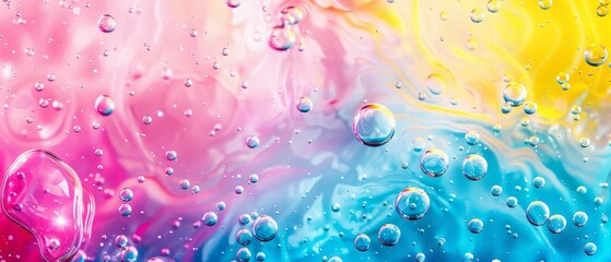 Vivid neon background with bubbles. Colorful abstract backdrop with bright gradients on blobs. Blue, yellow and pink overflowing colors
